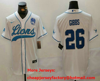 Men's Detroit Lions #26 Jahmyr Gibbs White With 90th Patch Cool Base Stitched Baseball Jersey