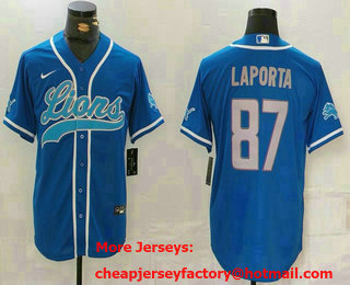 Men's Detroit Lions #87 Sam LaPorta Blue Grey Cool Base Stitched Baseball Jersey