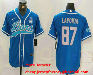 Men's Detroit Lions #87 Sam LaPorta Blue Grey With 90th Patch Cool Base Stitched Baseball Jersey