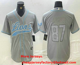 Men's Detroit Lions #87 Sam Laporta Grey With Patch Cool Base Stitched Baseball Jersey