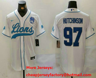 Men's Detroit Lions #97 Aidan Hutchinson Blue 2024 90th Patch Cool Base Stitched Baseball Jersey