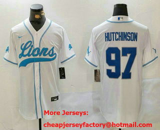 Men's Detroit Lions #97 Aidan Hutchinson Blue 2024 Cool Base Stitched Baseball Jersey