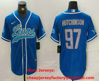 Men's Detroit Lions #97 Aidan Hutchinson Blue Cool Base Stitched Baseball Jersey
