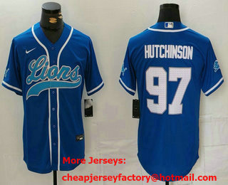 Men's Detroit Lions #97 Aidan Hutchinson Blue White Cool Base Stitched Baseball Jersey