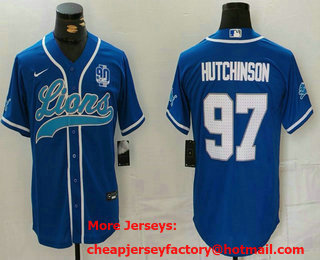 Men's Detroit Lions #97 Aidan Hutchinson Blue White With 90th Patch Cool Base Stitched Baseball Jersey