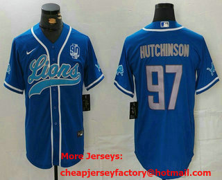 Men's Detroit Lions #97 Aidan Hutchinson Blue With 90th Patch Cool Base Stitched Baseball Jersey