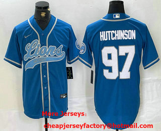 Men's Detroit Lions #97 Aidan Hutchinson Blue With Patch Cool Base Stitched Baseball Jersey