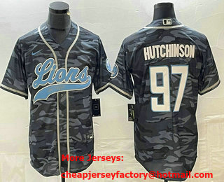 Men's Detroit Lions #97 Aidan Hutchinson Grey Camo With Patch Cool Base Stitched Baseball Jersey