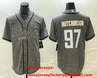 Men's Detroit Lions #97 Aidan Hutchinson Grey Gridiron With Patch Cool Base Stitched Baseball Jersey