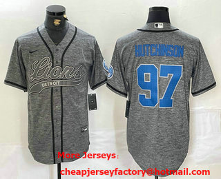 Men's Detroit Lions #97 Aidan Hutchinson Grey Gridiron With Patch Cool Base Stitched Baseball Jersey