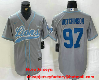 Men's Detroit Lions #97 Aidan Hutchinson Grey With Patch Cool Base Stitched Baseball Jersey