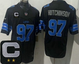 Men's Detroit Lions #97 Aidan Hutchinson Limited Black 2025 Captain Patch FUSE Vapor Jersey