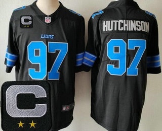 Men's Detroit Lions #97 Aidan Hutchinson Limited Black 2025 Captain Patch Vapor Jersey
