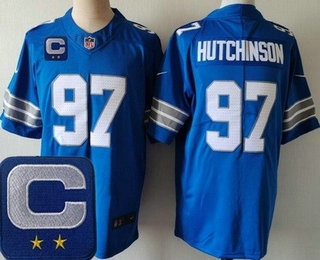 Men's Detroit Lions #97 Aidan Hutchinson Limited Blue 2025 Captain Patch Vapor Jersey