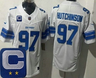 Men's Detroit Lions #97 Aidan Hutchinson Limited White 2025 Captain Patch FUSE Vapor Jersey