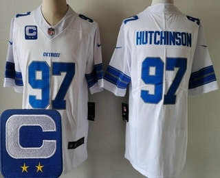 Men's Detroit Lions #97 Aidan Hutchinson Limited White 2025 Captain Patch Vapor Jersey