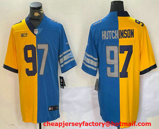 Men's Detroit Lions #97 Aidan Hutchinson Yellow Blue Split Vapor Limited Stitched Jersey