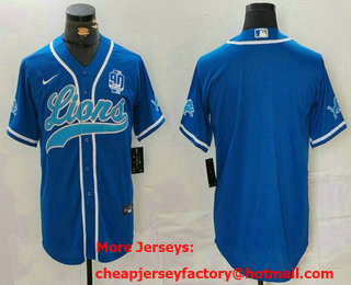 Men's Detroit Lions Blank Blue With 90th Patch Cool Base Stitched Baseball Jersey