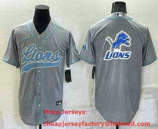 Men's Detroit Lions Grey Team Big Logo With Patch Cool Base Stitched Baseball Jersey