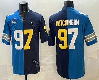 Men's Detroit Lions Wolverines #97 Aidan Hutchinson Blue Navy 90TH Split Vapor Limited Stitched Jersey