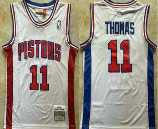 Men's Detroit Pistons #11 Isiah Thomas White 1988-89 Hardwood Classics Soul Swingman Throwback Jersey