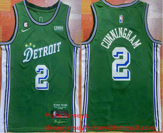 Men's Detroit Pistons #2 Cade Cunningham Green 2022 City Edition With 6 Patch Stitched Jersey With Sponsor