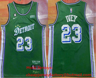 Men's Detroit Pistons #23 Jaden Ivey Green 2022 City Edition With 6 Patch Stitched Jersey With Sponsor