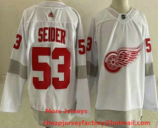 Men's Detroit Red Wings #53 Moritz Seider White 2021 Reverse Retro Authentic Jersey