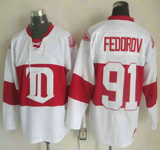 Men's Detroit Red Wings #91 Sergei Fedorov 2008-09 White CCM Vintage Throwback Jersey