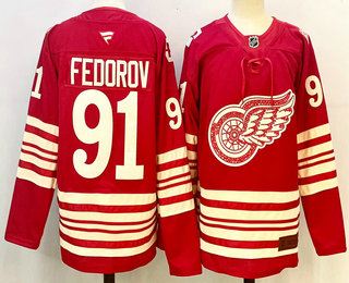 Men's Detroit Red Wings #91 Sergei Fedorov Red 100th Authentic Jersey