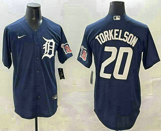 Men's Detroit Tigers #20 Spencer Torkelson Navy With Patch Cool Base Stitched Jersey