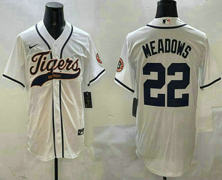 Men's Detroit Tigers #22 Parker Meadows White With Patch Cool Base Stitched Baseball Jersey