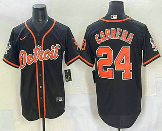Men's Detroit Tigers #24 Miguel Cabrera Black With Patch Cool Base Stitched Baseball Jersey