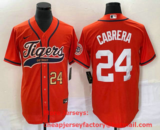 Men's Detroit Tigers #24 Miguel Cabrera Number Orange Cool Base Stitched Baseball Jersey