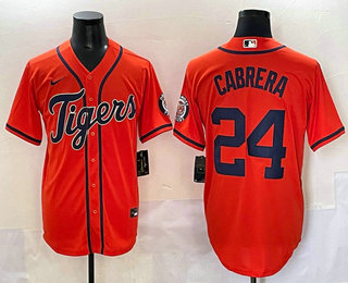 Men's Detroit Tigers #24 Miguel Cabrera Orange With Patch Cool Base Stitched Baseball Jersey