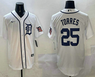 Men's Detroit Tigers #25 Gleyber Torres White With Patch Cool Base Stitched Jersey