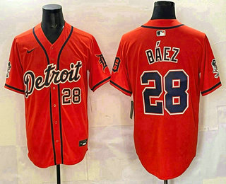 Men's Detroit Tigers #28 Javier Baez Orange With Patch Vapor Premier Limited Stitched Baseball Jersey