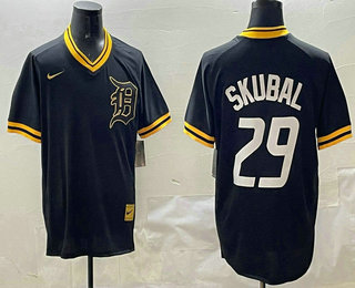 Men's Detroit Tigers #29 Tarik Skubal Black Gold Nike Cooperstown Legend V Neck Jersey