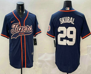 Men's Detroit Tigers #29 Tarik Skubal Navy With Patch Cool Base Stitched Baseball Jersey