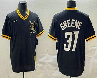 Men's Detroit Tigers #31 Riley Greene Black Gold Nike Cooperstown Legend V Neck Jersey