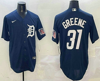 Men's Detroit Tigers #31 Riley Greene Navy With Patch Cool Base Stitched Jersey