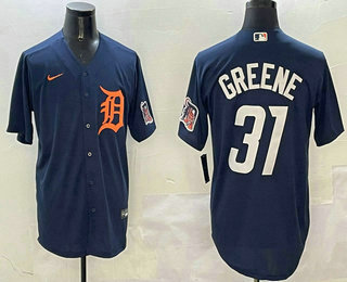 Men's Detroit Tigers #31 Riley Greene Navy With Patch Cool Base Stitched Jersey