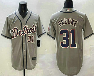 Men's Detroit Tigers #31 Riley Greene Number Grey Stitched Cool Base Nike Jersey
