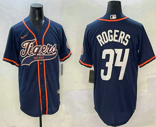 Men's Detroit Tigers #34 Jake Rogers Navy With Patch Cool Base Stitched Baseball Jersey