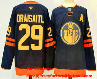 Men's Edmonton Oilers #29 Leon Draisaitl Navy Blue A Patch 2024 Stitched Jersey