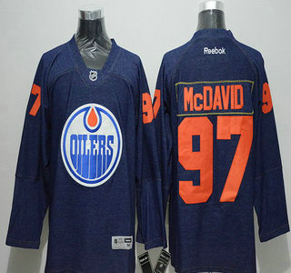 Men's Edmonton Oilers #97 Connor McDavid Navy Blue Denim Fabric Fashion Jersey