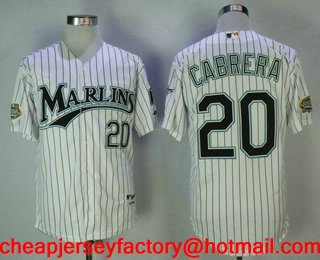 Men's Florida Marlins #20 Miguel Cabrera White Pinstripe Home Throwback 2003 World Series Patch Stitched MLB Mitchell & Ness Jersey