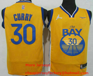 Men's Golden State Warriors #30 Stephen Curry 75th Anniversary Diamond Yellow Jordan 2021 Stitched Jersey With Sponsor