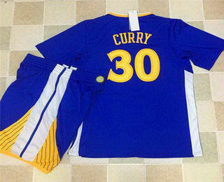 Men's Golden State Warriors #30 Stephen Curry Blue Short-Sleeved Revolution 30 Swingman Basketball Jersey With Shorts