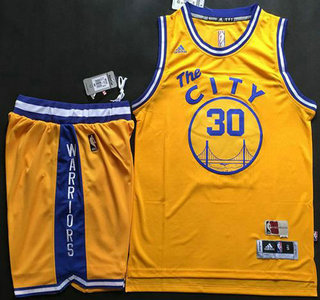 Men's Golden State Warriors #30 Stephen Curry Revolution 30 Swingman 2015-16 Retro Gold Jersey Short Suits